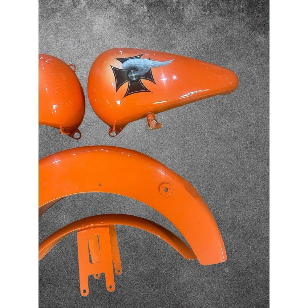 Custom Painted Chopper Tin Set – Gloss Orange with Winged Iron Cross